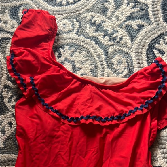 Red One-Shoulder Swimsuit with Ruffle - Picture 2 of 4
